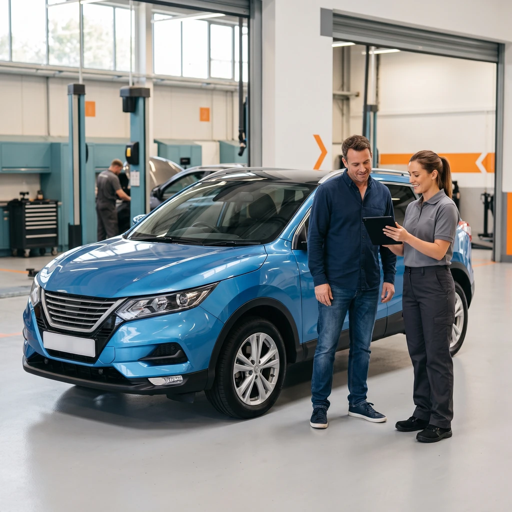 Специалист принимает автомобиль в светлой зоне автосервиса